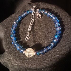 Handmade Glass Crystal Adjustable Bracelet, Blue, Light Lemon Crackle